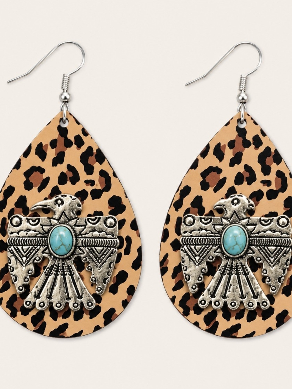 Leopard Teardrop Thunderbird Earrings with Turquoise Accent - Women Jewelry NWT - Picture 3 of 6